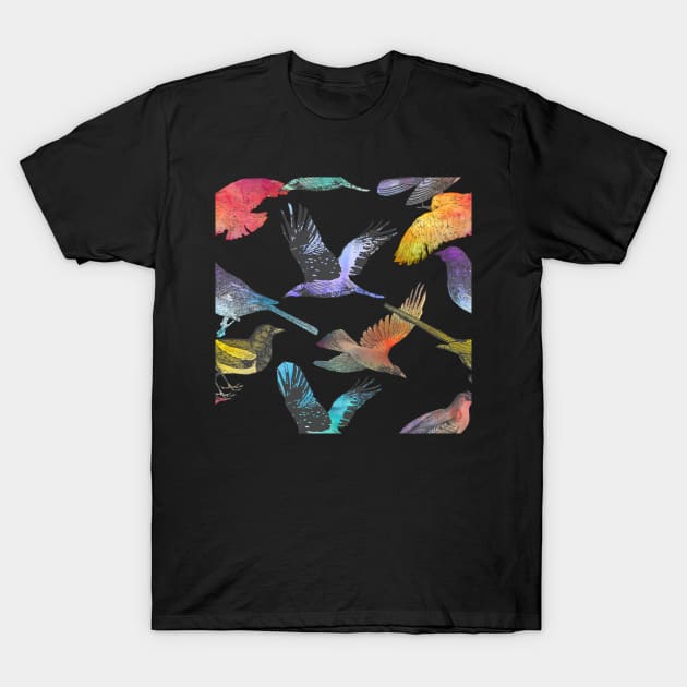 bright multicoloured vintage style birds on black background T-Shirt by annaleebeer